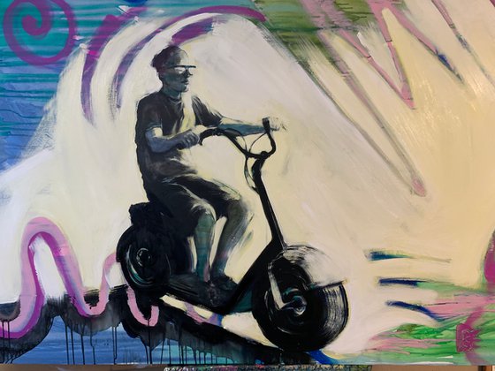 XXl Big painting - "Warm wind" - Pop Art - Sport - Electric scooter - Bike - Motorcycle - Street Art