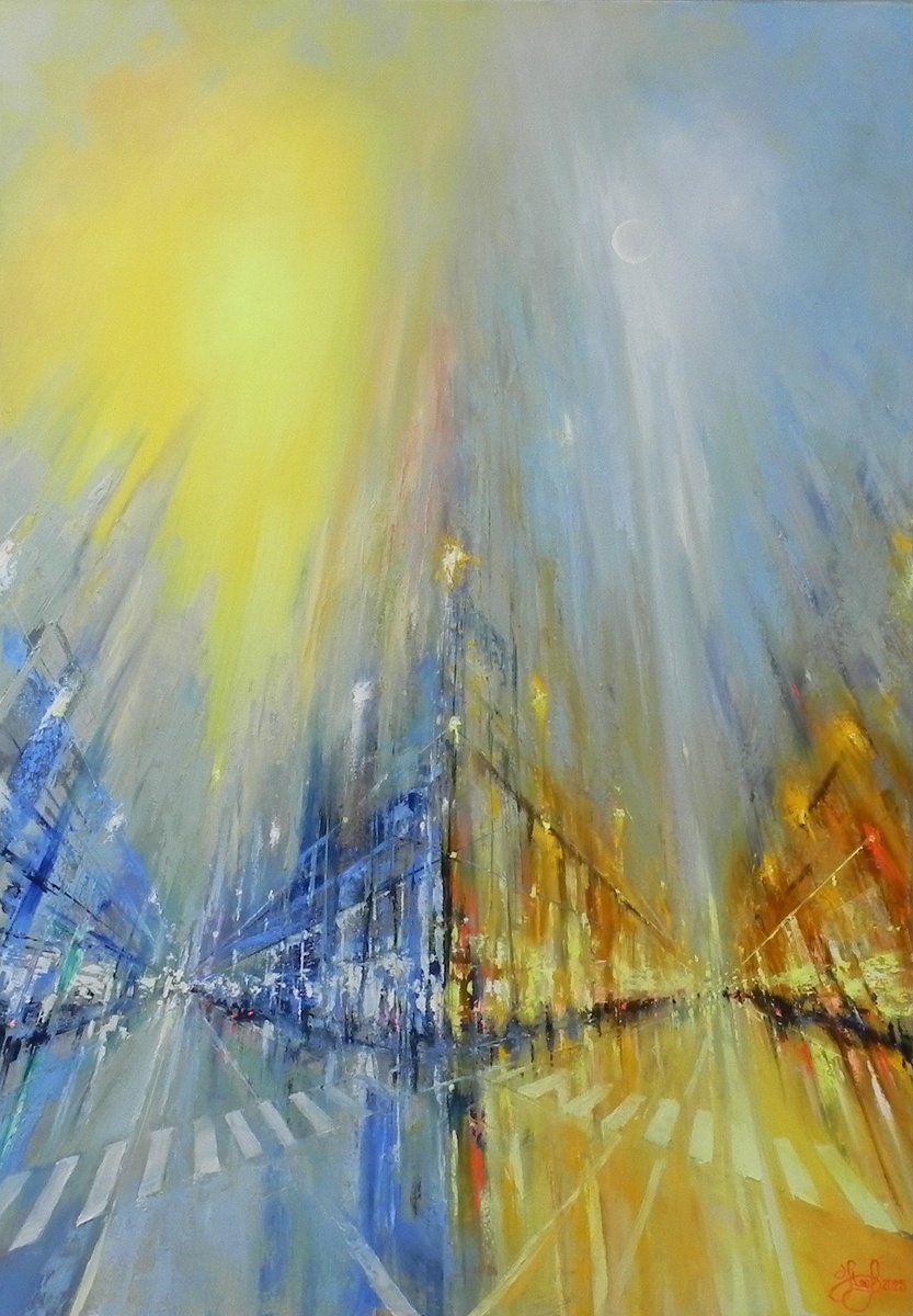 Abstract Cityscapes Oil Painting By Yurii Novikov, 28 X 39", - Where Day Meets Night”, Original Artwork