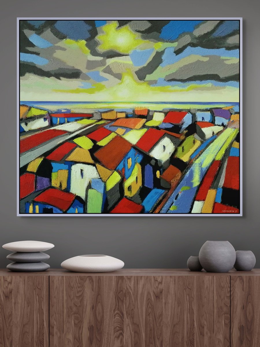 Abstract Landscape Oil Painting By Evgen Semenyuk, 31 X 28, Green Sunset, Original Artwork