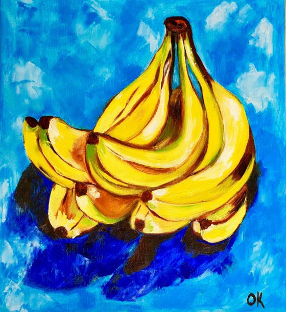 Bananas on  turquoise  Still life. Palette knife painting on linen canvas