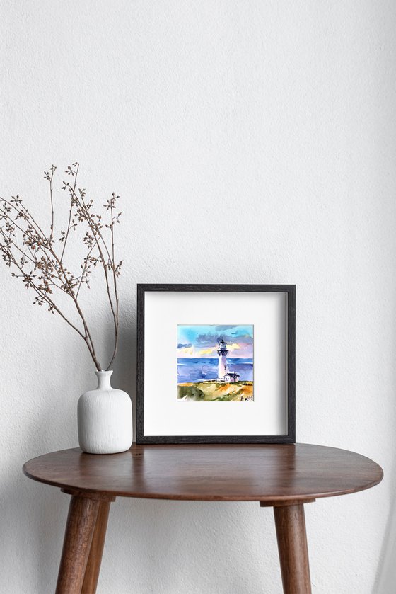 Architectural seascape "Sunset. Lighthouse" original watercolor artwork in square format