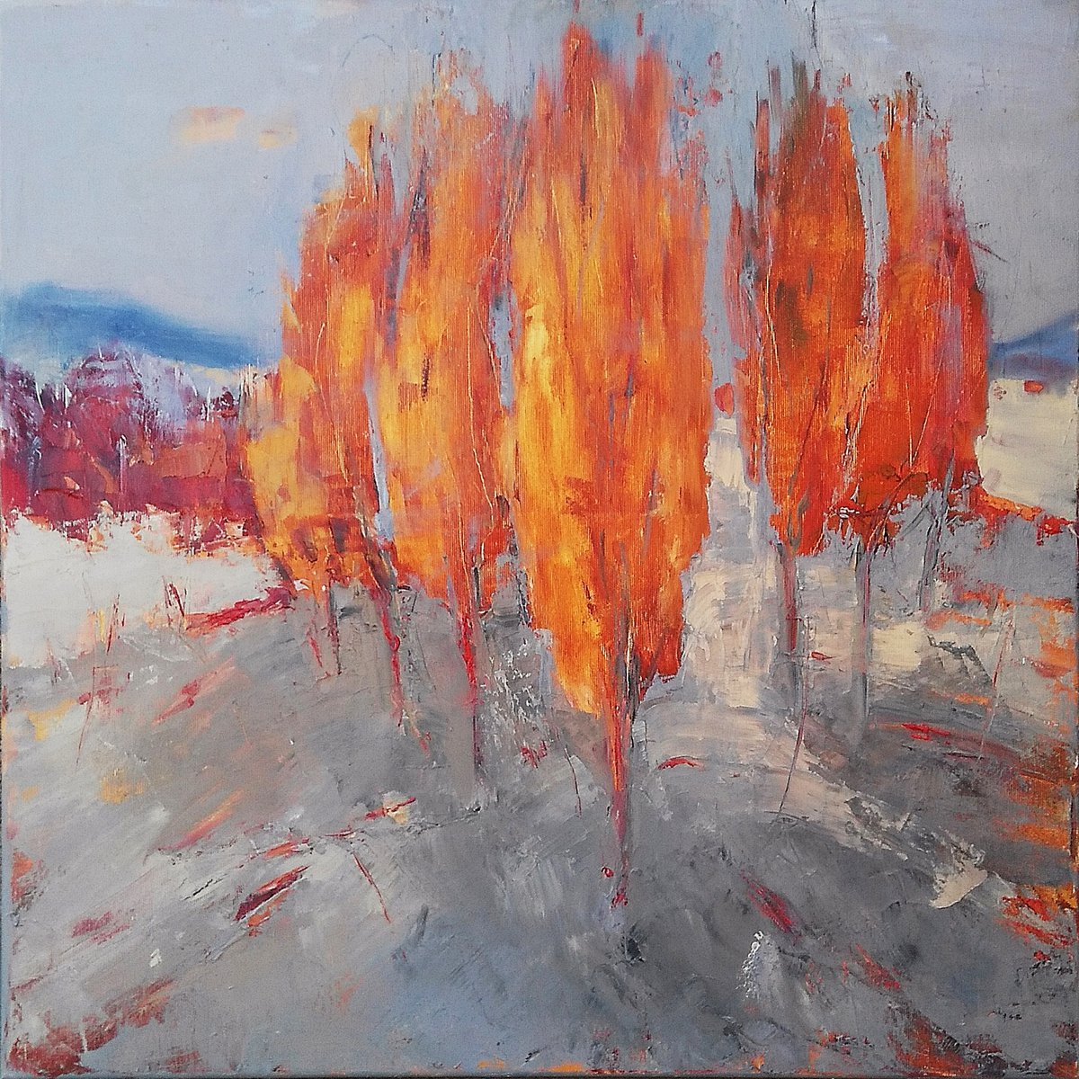 NOT LETTING AUTUMN GO, 60x60cm, autumnal trees landscape by Emilia Milcheva