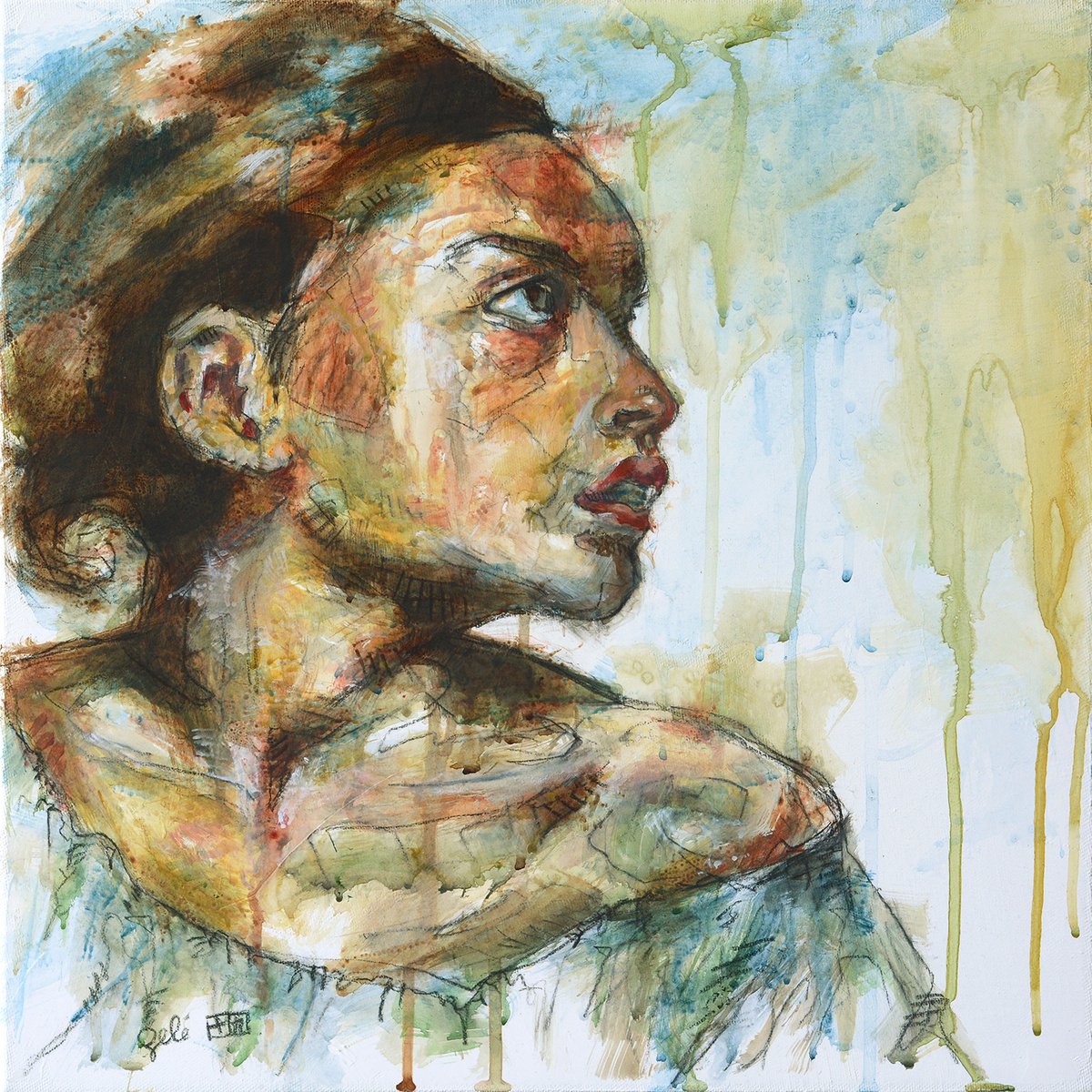 Expressive Portrait Acrylic Painting By Benedicte Gele, 16 X 16, Orphan Girl At The Cemetery From Eugene Delacroix, Artfinder