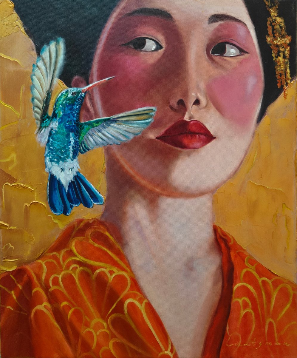 Geisha with hummingbird by Jane Lantsman