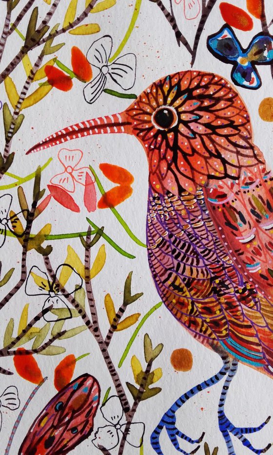 Bird Watercolor Orange Bird Animal Art - Nature - Bird Flowers - Céline Marcoz Art