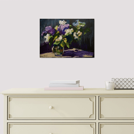 Still life with lilac. Home isolation series. Oil pastel painting. Small interior travel decor gift spain shadow original impression flower still life