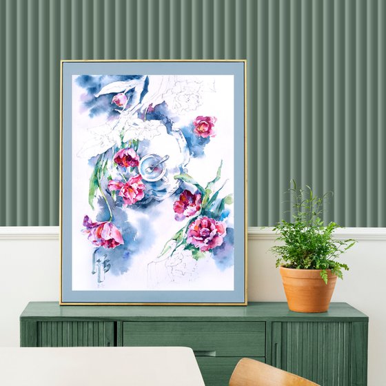 Original watercolor painting "Fantasy floral still life with tulips"