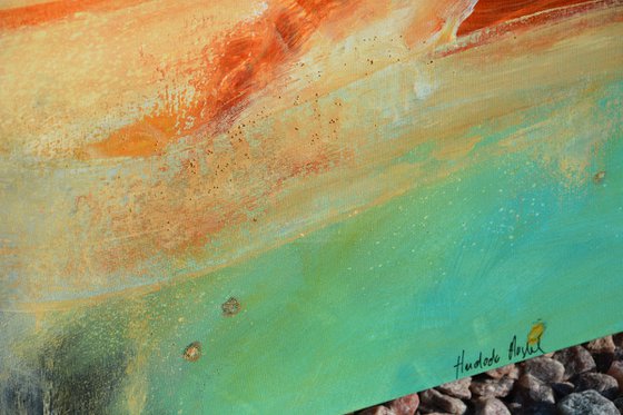 Ocean blue  (24" x 72" - 60 cm x 182 cm) Gold and aqua Abstract Painting ready to hang -