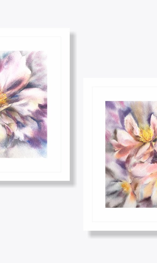 Peony flowers, watercolor painting set of 2 by Olga Grigo