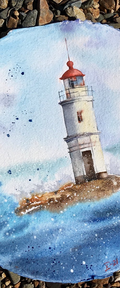 Vladivostok lighthouse. Original watercolor artwork. by Evgeniya Mokeeva