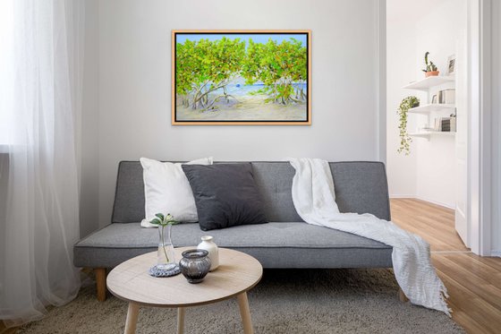 DAY ON THE BEACH. Tropical Island Seascape Painting of Florida Beach and Fishing Boat.