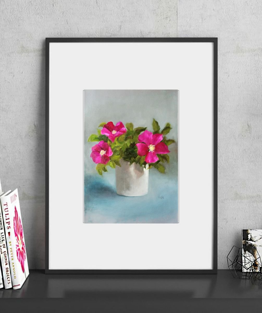 Impressionistic Botanical Oil Painting By Daniela Roughsedge, 12 X 17, Eglantine Rose, Original Artwork