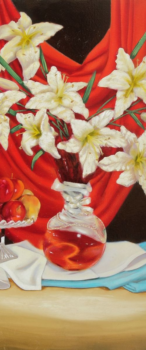 Lillies with fruit & red velvet by mauro ispani