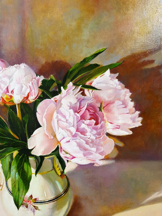 "Evening peonies." still life peony old vase summer  liGHt original painting  GIFT (2020)