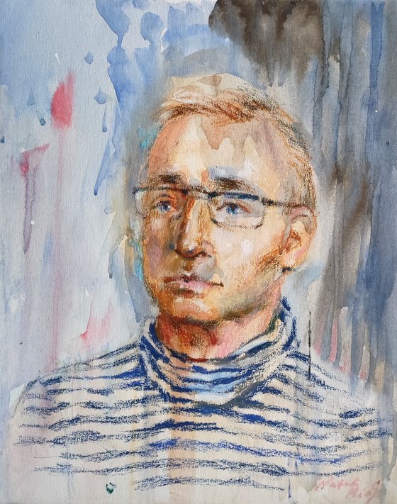 Man in a Striped Shirt — Mixed Media Portrait