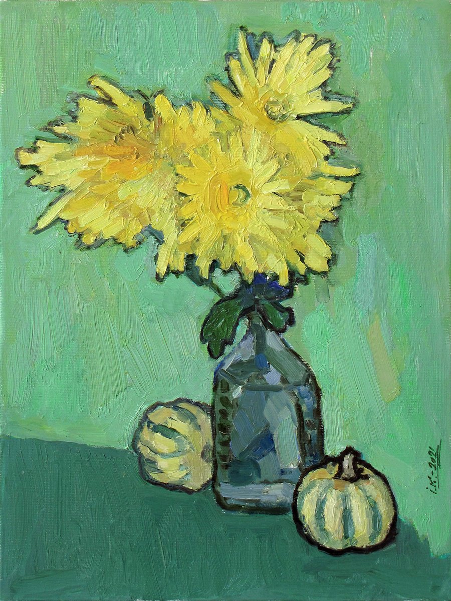 Yellow Chrysanthemums Against Green Background by Ivan Kolisnyk