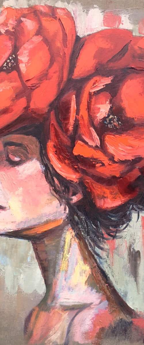Portrait with poppies by Elena Sokolova