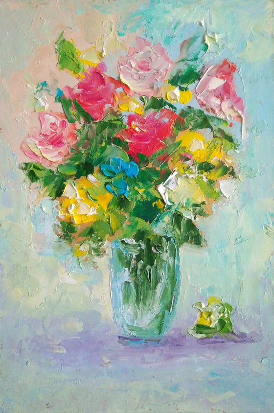 Bouquet Painting Floral Original Art Small Artwork Flower Still Life Wall Art Impasto Oil Panting