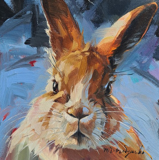 Funny rabbit oil painting original art 6x6, Rabbit illustration ready to ship