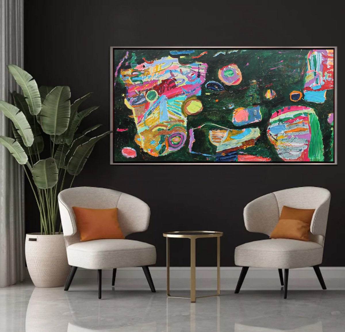 Organic Abstract Acrylic Painting By Sergiy Dekalyuk, 59 X 31", Composition On Green, Original Artwork