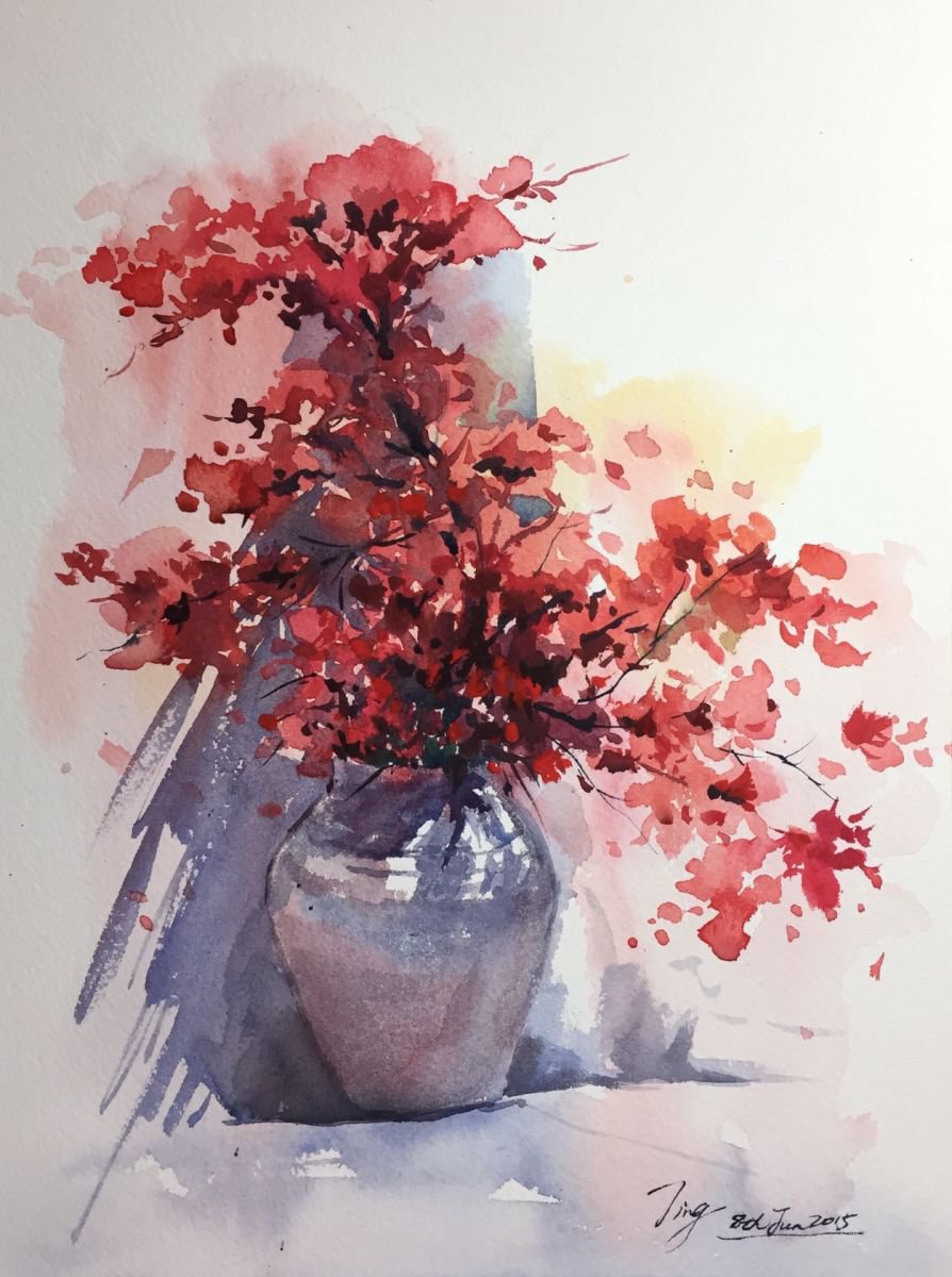 Impressionistic Botanical Watercolour By Jing Chen, 11 X 15, Shade Of Red, Original Artwork