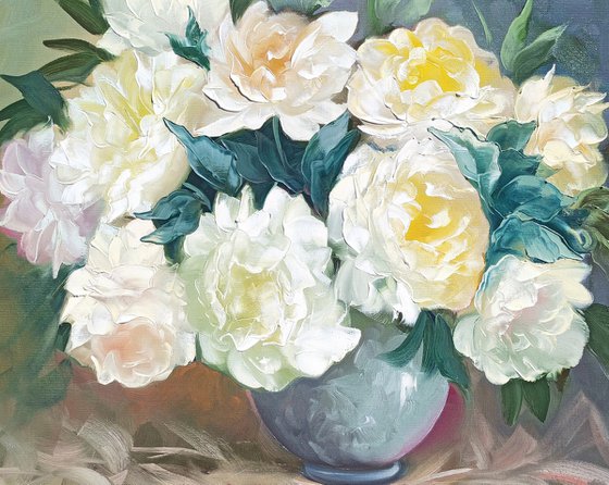 White peonies (60x80cm, oil painting, palette knife)