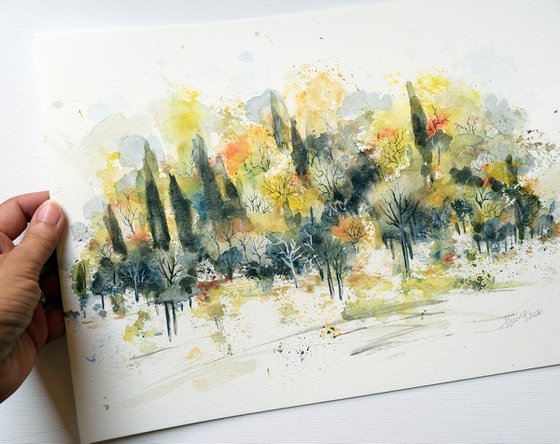 Summer trees - original watercolor and ink painting