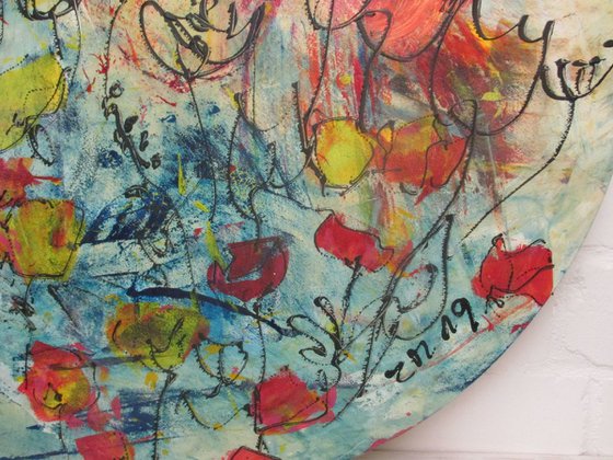 abstract spring flowers acrylpainting round canvas 31,5 inch