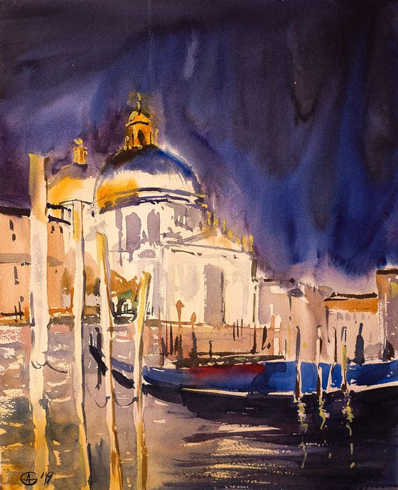 Venice in the night. Original watercolor. Small painting art italy nocturne landscape street sea urban romantic impressionistic impression interior decor