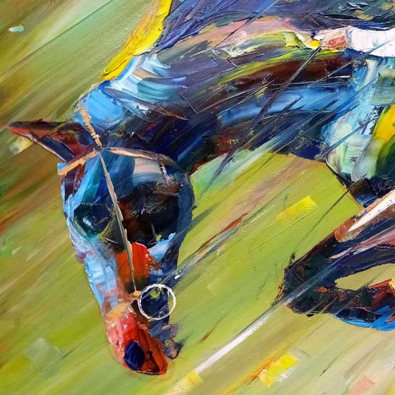 Graceful Horse Leap: Dynamic Equestrian Artwork in Vibrant Oil Colors