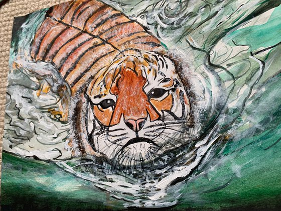 Underwater  Wild Animals Painting for Home Decor, Tiger Portrait Art Decor, Artfinder Gift Ideas