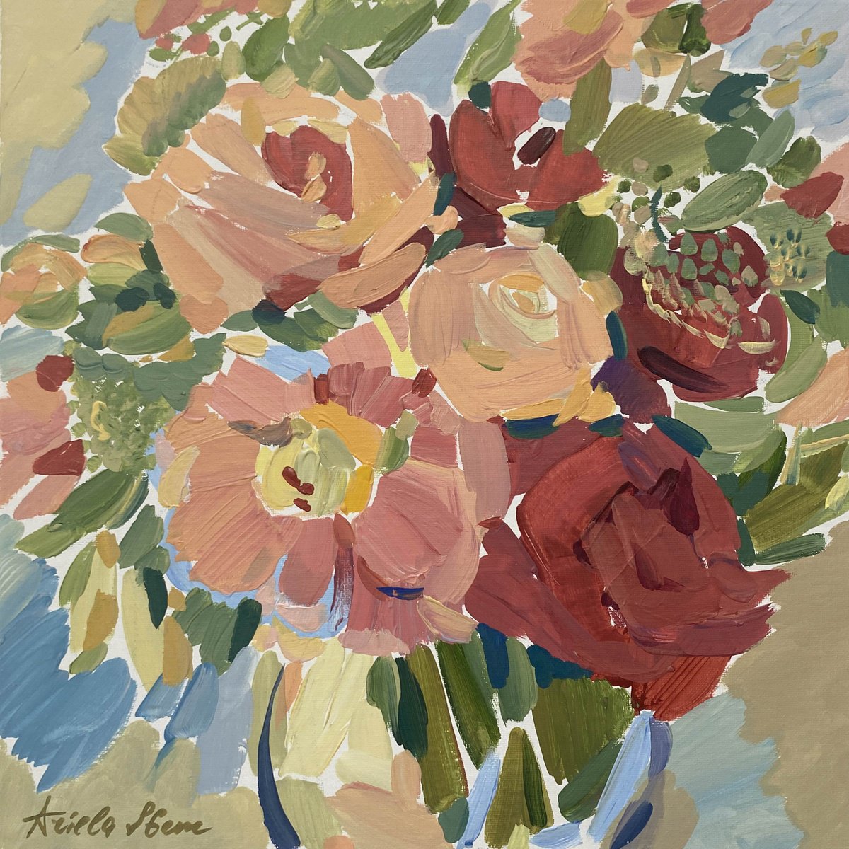 Impressionistic Painting , Peonies And Roses In A Crystal Vase By Ariela Stem, 16 X 16, Artwork For Sale On Artfinder