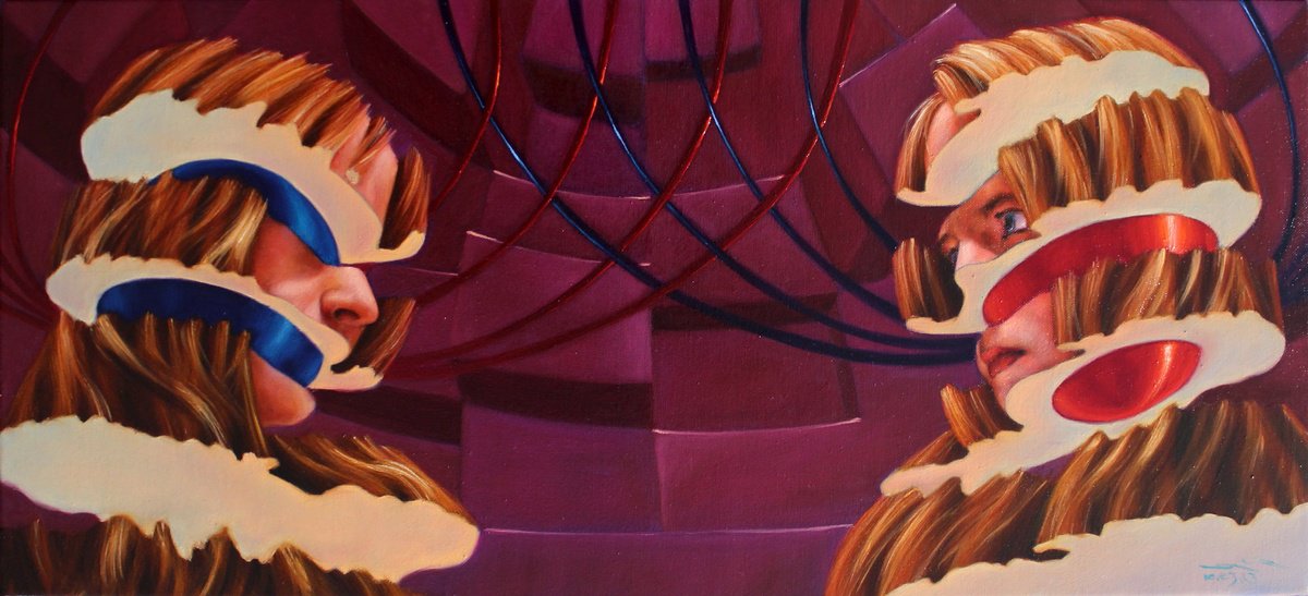 Surrealistic Portrait Oil Painting By Ivan Gejko, 28 X 13, The Twilight Ii, Original Artwork