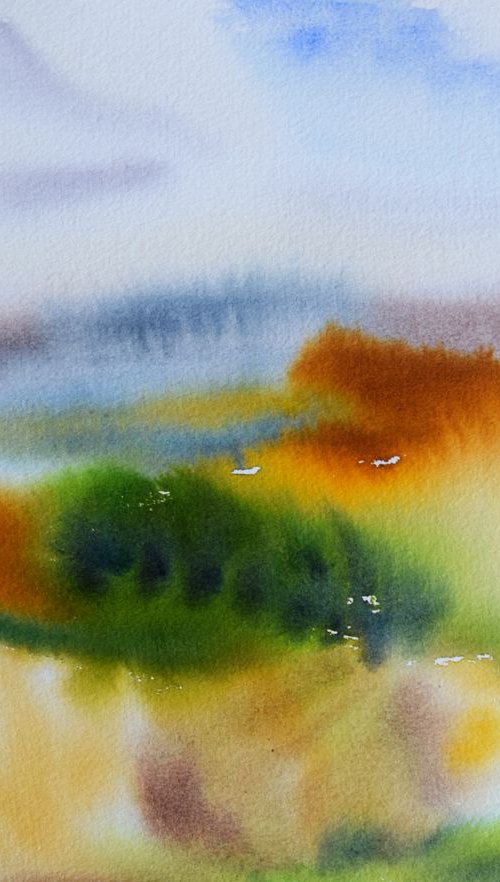 Abstract landscape original watercolor painting, wet in wet technique by Kate Grishakova