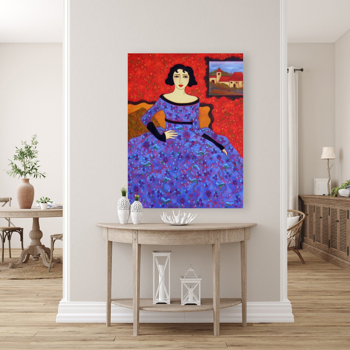 Impressionistic Portrait Oil Painting By Karen Rieger, 36 X 48", Woman With Azure Gown, Original Artwork
