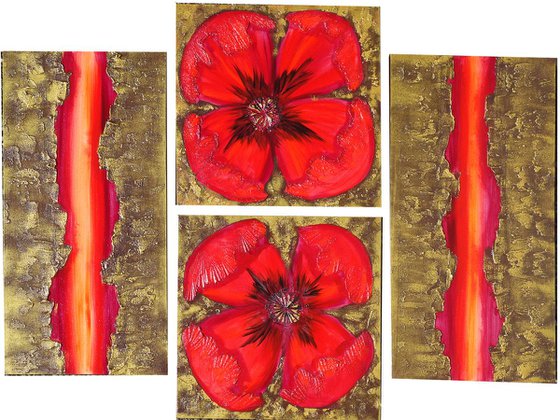 textured gold paintings A049 red Poppies decor original abstract art big ready to hang painting acrylic on stretched canvas metallic textured glossy wall art