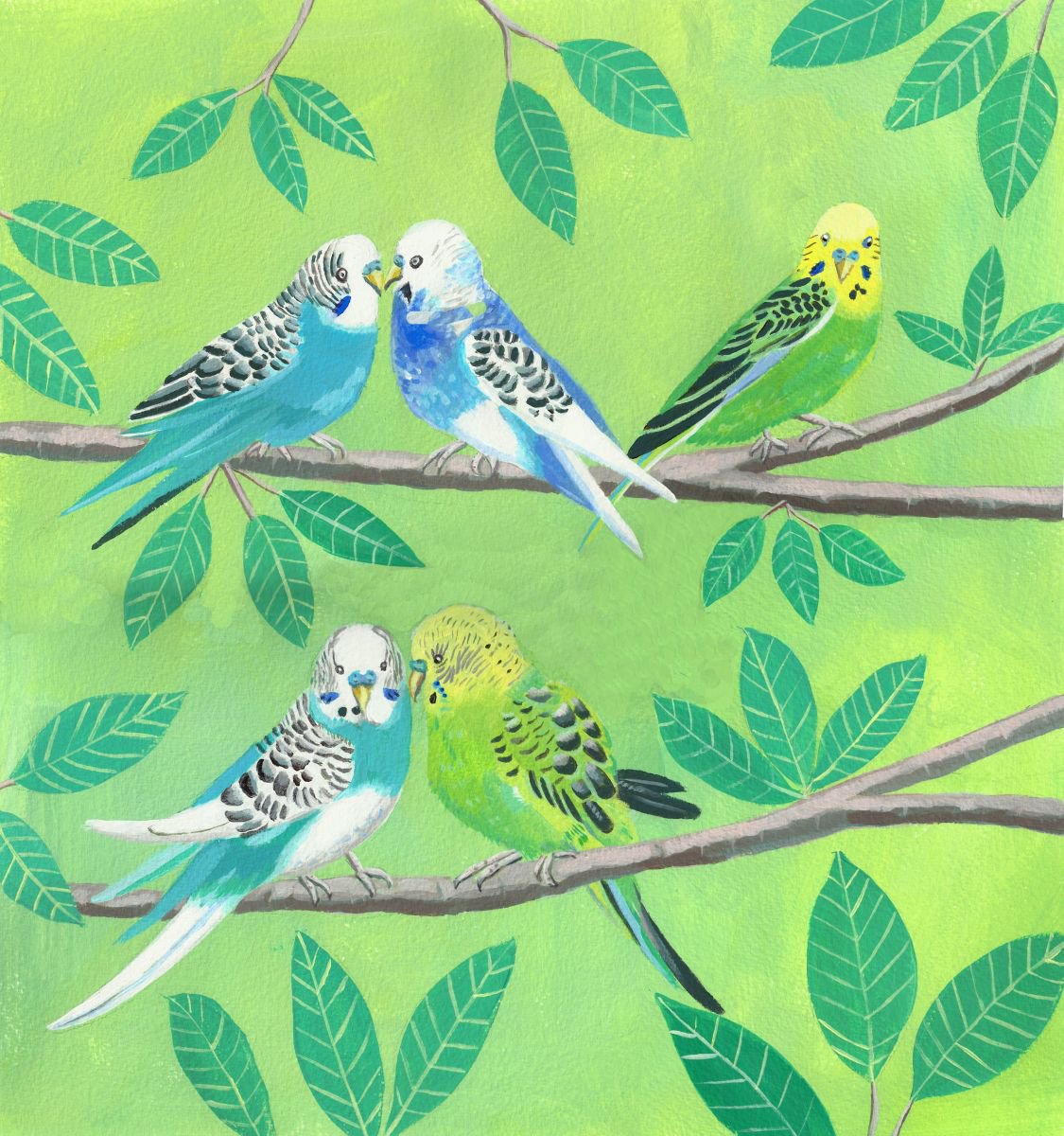 Budgerigars on branches by Mary Stubberfield