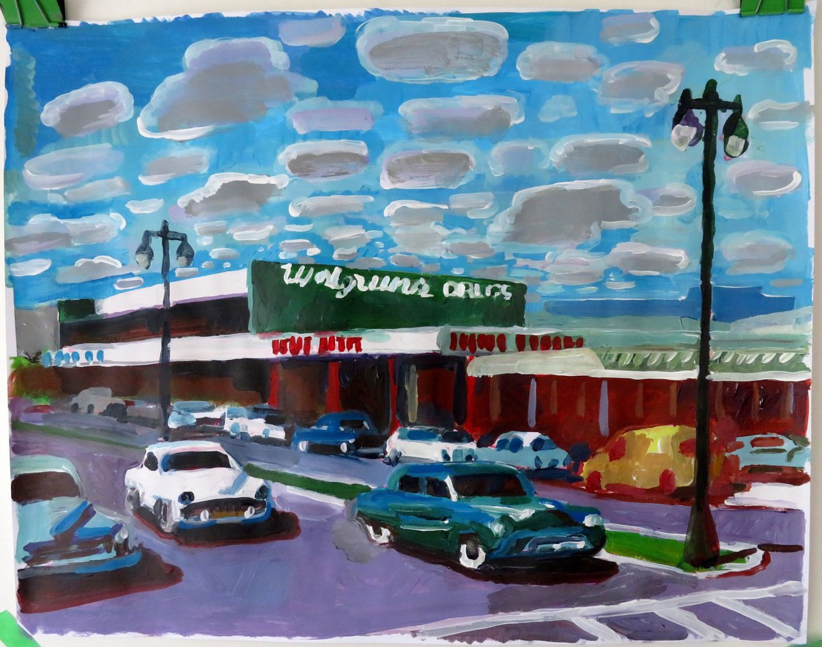 Impressionistic Cityscapes Acrylic Painting By Stephen Abela, 28 X 22", Walgreens Drugs, Original Artwork