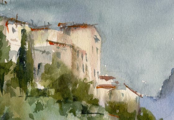 Sperlonga. Town on a hill. Watercolour by Marina Trushnikova. Landscape, Plein air artwork, A4 watercolor.