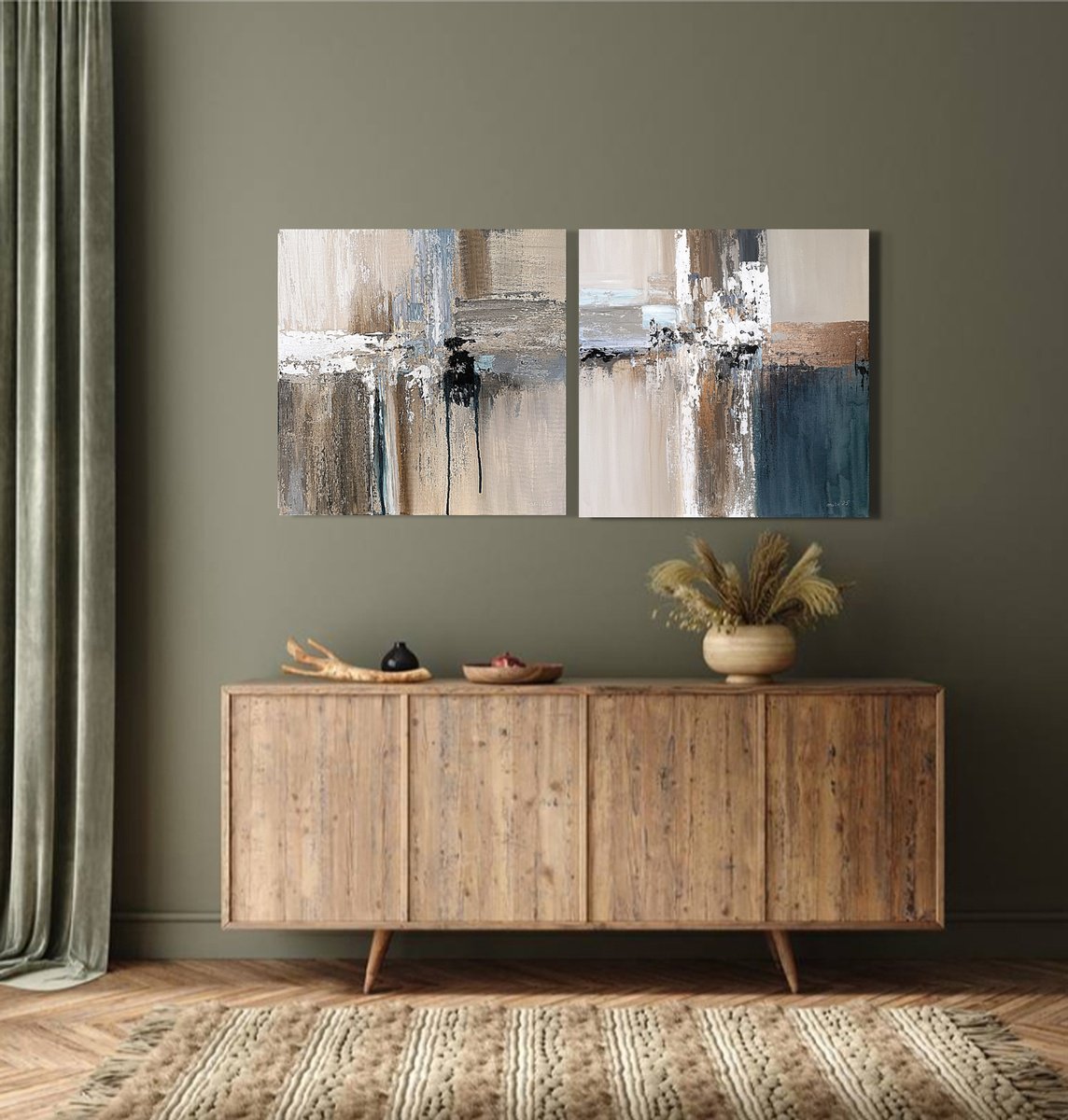 Geometric Abstract Acrylic Painting By Tatiana Malinovscaia, 39 X 20", Silent Driftlines Diptych, Original Artwork