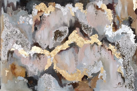 Gold foil abstract painting, Textured painting