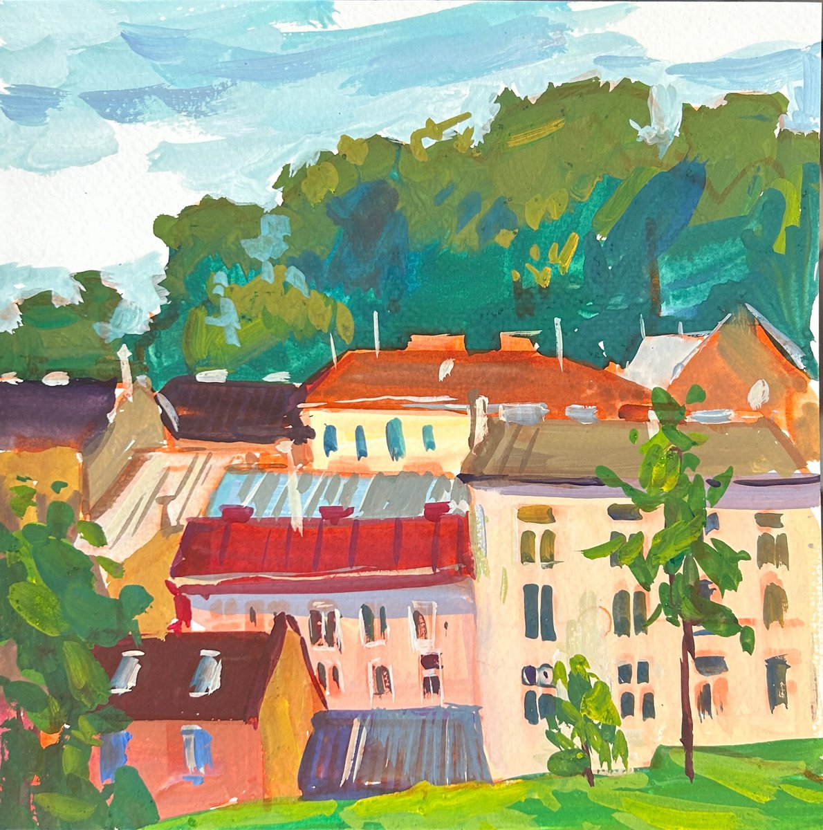 Impressionistic Cityscapes Painting By Yuliia Pastukhova, 8 X 8", Houses Of Lviv, Original Artwork