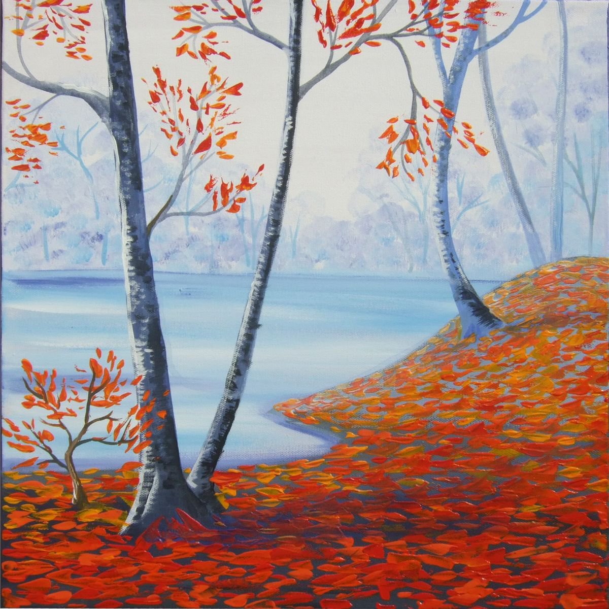 Autumn forest painting landscape blue orange decor original art 40x40x2 cm acrylic stretch... by Ksavera