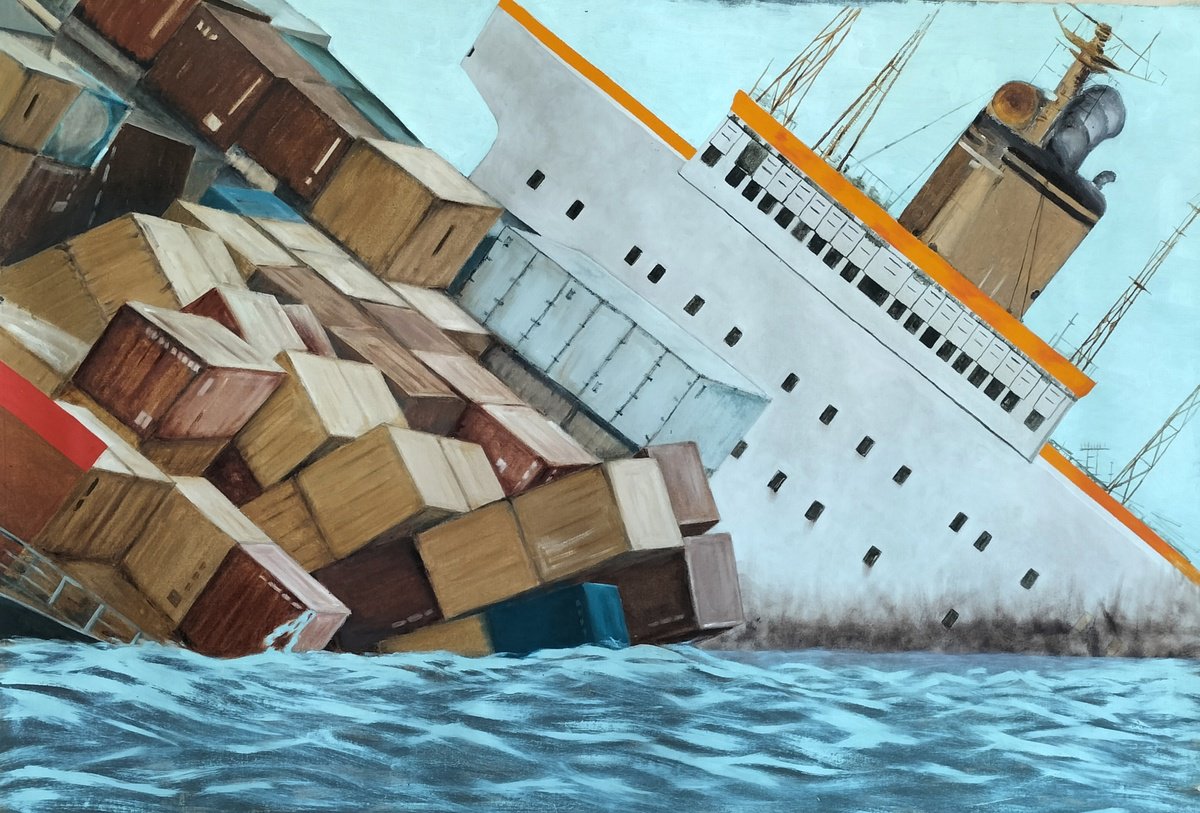 Photorealistic Transport Oil Painting By Laura Chilivani, 43 X 30", Naufragio, Original Artwork