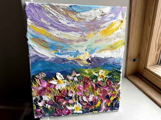 Sunset landscape flowers