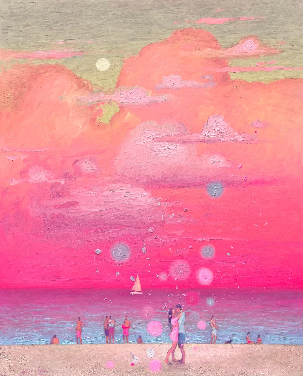 Impressionistic Landscape Oil Painting By Andrii Kovalyk, 32 X 39, A Romantic Evening Of Lovers, Original Artwork