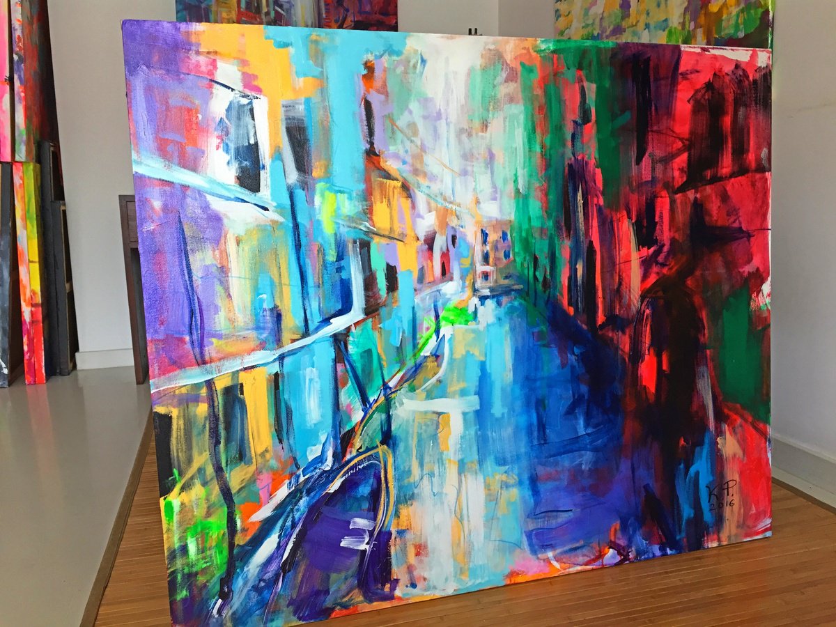 Impressionistic Cityscapes Acrylic Painting By Kasia Pawlak, 47 X 39", Canale Veneziano, Original Artwork