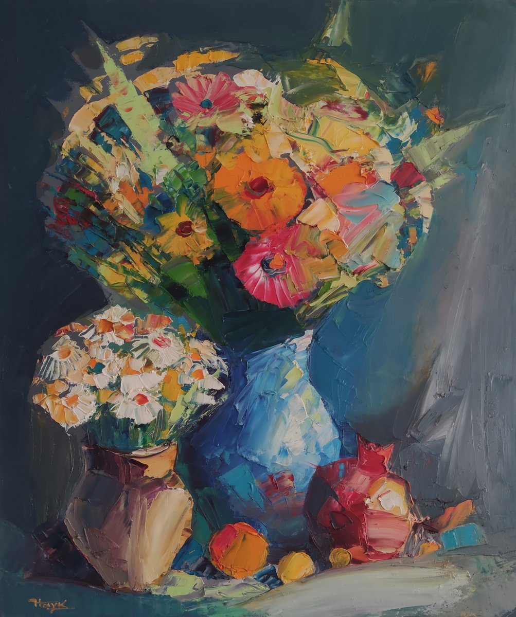 Impressionistic Botanical Oil Painting By Hayk Miqayelyan, 20 X 24, Flowers And Pomegranate, Original Artwork