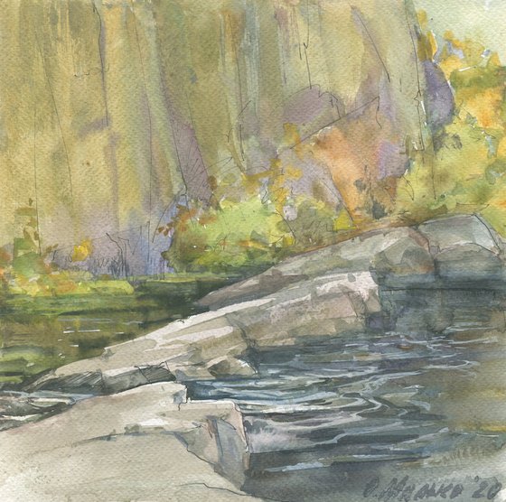 Bohuslav rocks. Streaming through rocks and stones / Original watercolor painting. River sketch