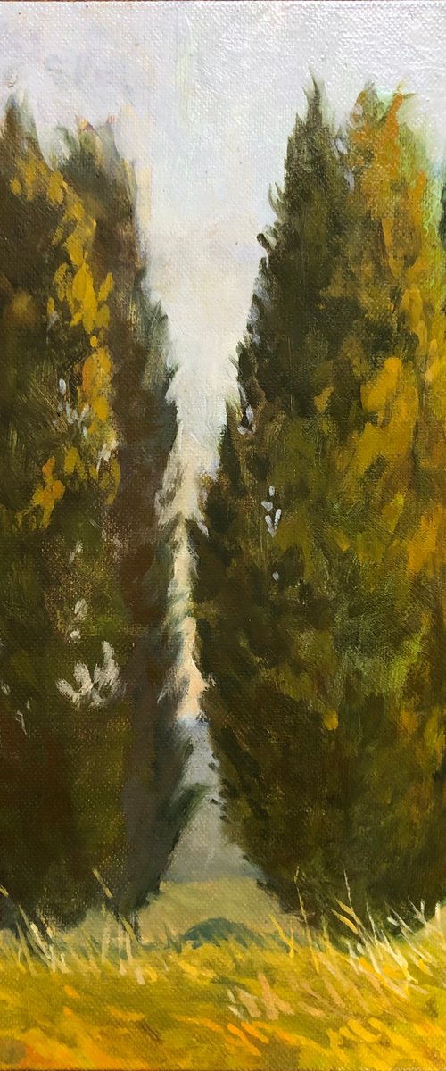 Two Cypresses in Umbria Plein Air Italian Landscape Painting by Caridad I. Barragan